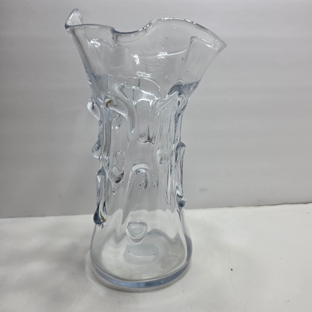 Vintage Clear Hand Blown Art Glass Ruffled Drip Vase Heavy Sculptural 11.5 Inch